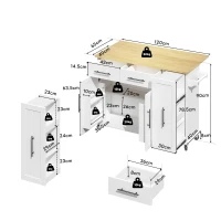 Mobile Kücheninsel mit ausklappbarer Arbeitsplatte, 3-stufigem ausziehbarem Schrank-Organizer, 120x40/65x90 cm, Weiß+Naturfarbe(m-3)