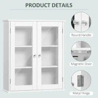 kleankin Bathroom wall cabinet, bathroom wall unit with 2 glass doors, adjustable shelf, 55x20x65cm, white(m-6)