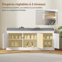 HOMCOM Banc chaussures entrée 9 paires, banc de rangement, 3 portes en rotin, coussin et étagère réglable, 105x35x47cm, blanc(m-7)