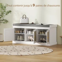 HOMCOM Banc chaussures entrée 9 paires, banc de rangement, 3 portes en rotin, coussin et étagère réglable, 105x35x47cm, blanc(m-6)