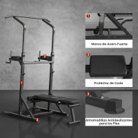 HOMCOM Estación de Musculación Torre de Entrenamiento Altura Ajustable con Barra de Dominadas y Banco Plegable para Fitness en Casa Gimnasio Carga 150 kg 99x178x230 cm Negro(m-7)