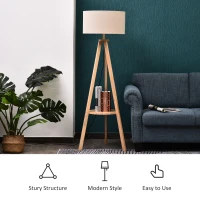 HOMCOM Tripod Floor Lamp with Shelf, Bedside Light with Storage, Linen Shade, for Living Room Bedroom, 154cm, Cream(m-15)