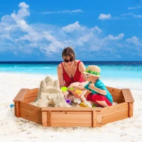 Outsunny Solid Wood Sandbox, Octagonal, 140x140x21.5cm, 4 Benches with Cover Tarp and Non-Woven Groundsheet, UV Protection, Easy to Install, Outdoor Play for Garden, Home, Beach, Orange(m-15)