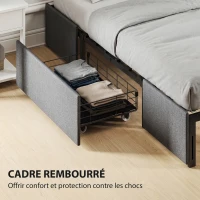 HOMCOM Lit coffre 140 x 190 cm, cadre de lit double rembourré avec 3 tiroirs, sommier à lattes en LVL, sans bruit, gris(m-7)
