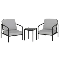 Outsunny Set bistro 3 pièces en acier avec 2 chaises à coussins épais, table basse avec plateau en verre trempé Noir(m-7)