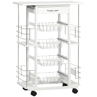 HOMCOM Multi-storage kitchen service cart on casters 4 metal baskets drawer + 4 bottle racks pine wood white tiled top
