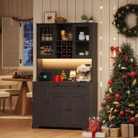 Küchen-Hochschrank mit Vitrine, fünf Türen, eine Schublade, verstellbaren Einlegeböden, 105x40x180 cm, Schwarz(m-5)