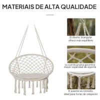 Outsunny Silla Colgante Redondo de Ø60 cm Silla Hamaca Columpio con Cojín y Cuerda de Algodón para Interior y Exterior Carga 120 kg 80x80x42 cm Beige(m-5)
