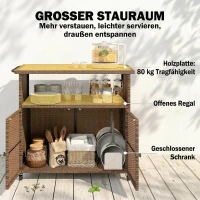 Outsunny Servierwagen Rattan Küchenwagen mit FSC Eukalyptusholz-Arbeitsplatte Ablagefach Rollen Seitengriff 95 x 54 x 84 cm(m-5)