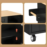 Mobiler Küchentisch mit ausklappbarer Arbeitsplatte, Schublade, Gewürzregal, Handtuchhalter, 132,5x44/70x90 cm, Schwarz+Naturfarbe(m-10)