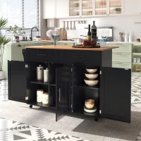 Kücheninsel auf 5 Rädern, ausklappbarer Klapptischplatte, 129x46/71x91,5 cm, Schwarz+Naturfarbe(m-5)