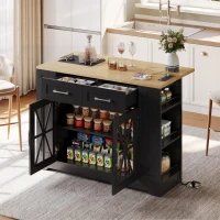 Kücheninsel mit klappbarem Esstisch, erweiterbare Arbeitsfläche, 120 x 40/65 x 92 cm, Schwarz+Naturfarbe(m-7)