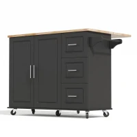 Große mobile Kücheninsel, klappbares Design, multifunktionaler Schrank mit 3 Schubladen, Handtuchhalter, 137 x 43/76 x 92 cm, Schwarz(m-1)