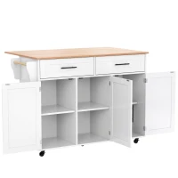 Kücheninsel auf 5 Rädern, ausklappbarer Klapptischplatte, 129x46/71x91,5 cm, Weiß+Naturfarbe(m-13)