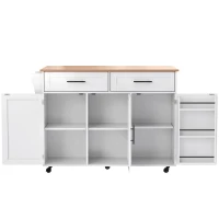 Großer Kücheninsel mit klappbarer Verlängerungsplatte, 5 Rollen (2 feststellbar) , 129x46/71x91,5 cm, Weiß+Naturfarbe(m-7)