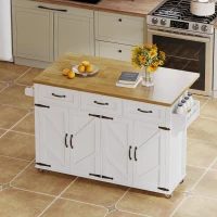 Kücheninsel mit klappbarer Arbeitsplatte, 4 Türen, 3 Schubladen, doppelseitigen Handtuchhaltern, Scheunenstil-Design, 140 x 43/70 x 90,5 cm, Weiß+Naturfarbe(m-8)