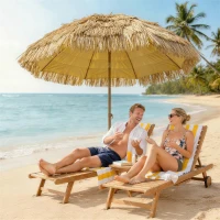 Outsunny Chapéu de Sol de Praia com Franjas de Palha Ø178 cm com Inclinação Altura Ajustável UV50+ Bolsa de Transporte Castanho Claro(m-10)