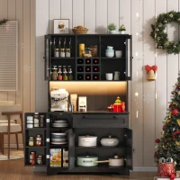 Küchen-Hochschrank mit Vitrine, fünf Türen, eine Schublade, verstellbaren Einlegeböden, 105x40x180 cm, Schwarz(m-2)