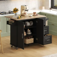 Große mobile Kücheninsel, klappbares Design, multifunktionaler Schrank mit 3 Schubladen, Handtuchhalter, 137 x 43/76 x 92 cm, Schwarz(m-6)