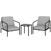 Outsunny 3-teiliges Bistrot-Set aus Stahl mit 2 Stühlen und dicken Kissen, Tisch mit gehärteter Glasplatte, Schwarz