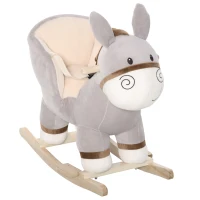 HOMCOM Caballito Balancín Infantil en Forma de Burro de Felpa para Bebés 18-36 Meses con Sonido y Cinturón 61x34x58 cm Gris(m-10)