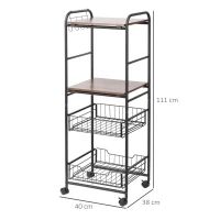 HOMCOM 4-Tier Rolling Kitchen Cart with 2 Baskets, Shelves and Side Hooks, 40 x 38 x 111 cm, walnut(m-3)