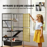 PawHut Cușcă pentru Animale Mici cu 4 Niveluri, Rampe, Platforme, Hamac și Roți, 52x52x115 cm, Gri(m-6)