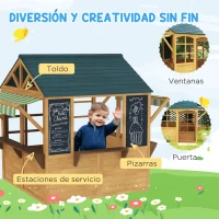 AIYAPLAY Casita de Juegos Infantil de Madera con Ventanas Pizarras Tejado y Toldo 173x117x144 cm Madera Natural(m-6)