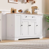 Multifunktionales Küchenbuffet, mit Schublade und Regaltüren, Modernes Design, 138 x 40 x 85 cm, Weiß+Naturfarbe(m-4)