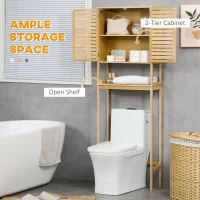 kleankin Toilet Shelf Bathroom Cabinet Over-Toilet Unit with 2-Door Cupboard and Open Shelf 60 x 23 x 173 cm Bamboo(m-4)