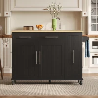 Mobile Kücheninsel mit ausklappbarer Arbeitsplatte, 3-stufigem ausziehbarem Schrank-Organizer, 120x40/65x90 cm, Schwarz+Naturfarbe(m-4)