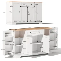 Multifunktionales Küchenbuffet, mit Schublade und Regaltüren, Modernes Design, 138 x 40 x 85 cm, Weiß+Naturfarbe(m-3)