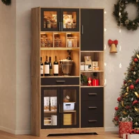 Vintage-Hochschrank im Bauernhausstil, LED-Lichtleiste mit Farbwechsel, 100 x 40 x 185 cm, Schwarz+Naturfarbe(m-4)