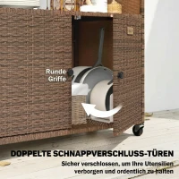 Outsunny Servierwagen Rattan Küchenwagen mit FSC Eukalyptusholz-Arbeitsplatte Ablagefach Rollen Seitengriff 95 x 54 x 84 cm(m-6)