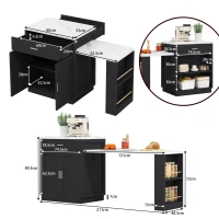 Kücheninsel mit ausziehbarem Esstisch, Aufbewahrungsschrank, 2 Schubladen, 2 seitlich offene Regale, 211x55x89,5 cm, Schwarz(m-3)