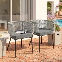 Outsunny Lot de 2 Fauteuils de Jardin, Dossier et Accoudoirs en Corde Résine Tressée, Coussins Amovibles, 55x57x75cm, Gris Clair(m-10)