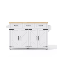 Kücheninsel mit klappbarer Arbeitsplatte, 4 Türen, 3 Schubladen, doppelseitigen Handtuchhaltern, Scheunenstil-Design, 140 x 43/70 x 90,5 cm, Weiß+Naturfarbe(m-10)