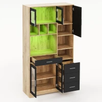 Vintage-Hochschrank im Bauernhausstil, LED-Lichtleiste mit Farbwechsel, 100 x 40 x 185 cm, Schwarz+Naturfarbe(m-9)