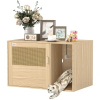 PawHut Mueble Arenero para Gatos Caja de Arena para Gatos con Almohadilla para Rascar y Puerta de Ratán 80x50x50 cm Roble(m-10)