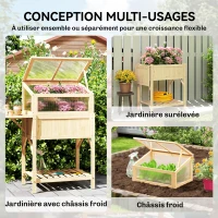 Outsunny Carré potager sur pieds avec serre, jardinière surélevée, table latérale pliante et étagère, 104x50x120cm, bois naturel(m-4)