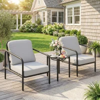 Outsunny Set bistro 3 pièces en acier avec 2 chaises à coussins épais, table basse avec plateau en verre trempé Noir(m-2)