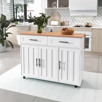 Kücheninsel auf 5 Rädern, ausklappbarer Klapptischplatte, 129x46/71x91,5 cm, Weiß+Naturfarbe(m-6)