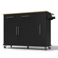 Mobile Kücheninsel mit ausklappbarer Arbeitsplatte, 3-stufigem ausziehbarem Schrank-Organizer, 120x40/65x90 cm, Schwarz+Naturfarbe(m-1)