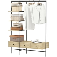 HOMCOM Porte-manteau avec étagères, tiroirs et tringle, portemanteau autoportant 180 cm style moderne, cadre métallique, Chêne