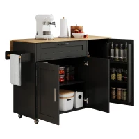 Mobiler Küchentisch mit ausklappbarer Arbeitsplatte, Schublade, Gewürzregal, Handtuchhalter, 132,5x44/70x90 cm, Schwarz+Naturfarbe(m-7)