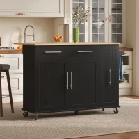 Mobile Kücheninsel mit ausklappbarer Arbeitsplatte, 3-stufigem ausziehbarem Schrank-Organizer, 120x40/65x90 cm, Schwarz+Naturfarbe(m-6)