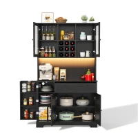 Küchen-Hochschrank mit Vitrine, fünf Türen, eine Schublade, verstellbaren Einlegeböden, 105x40x180 cm, Schwarz(m-9)