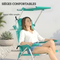 Outsunny Chaise de plage, chaise longue d'extérieur pliable à 6 positions, auvent ajustable et repose-tête, 62x68x79cm, turquoise(m-6)