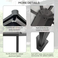 Outsunny 3.6 x 4m Hardtop Gazebo Canopy with Polycarbonate Roof, Aluminium Frame, Permanent Pavilion Garden Gazebo with Netting and Curtains for Patio, Deck, Dark Grey(m-7)