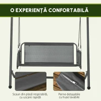 Outsunny Leagăn de Grădină cu 2 Locuri, Perne și Buzunare, Balansoar Exterior din Oțel și Textile, 168x117x181 cm, Gri Închis(m-5)